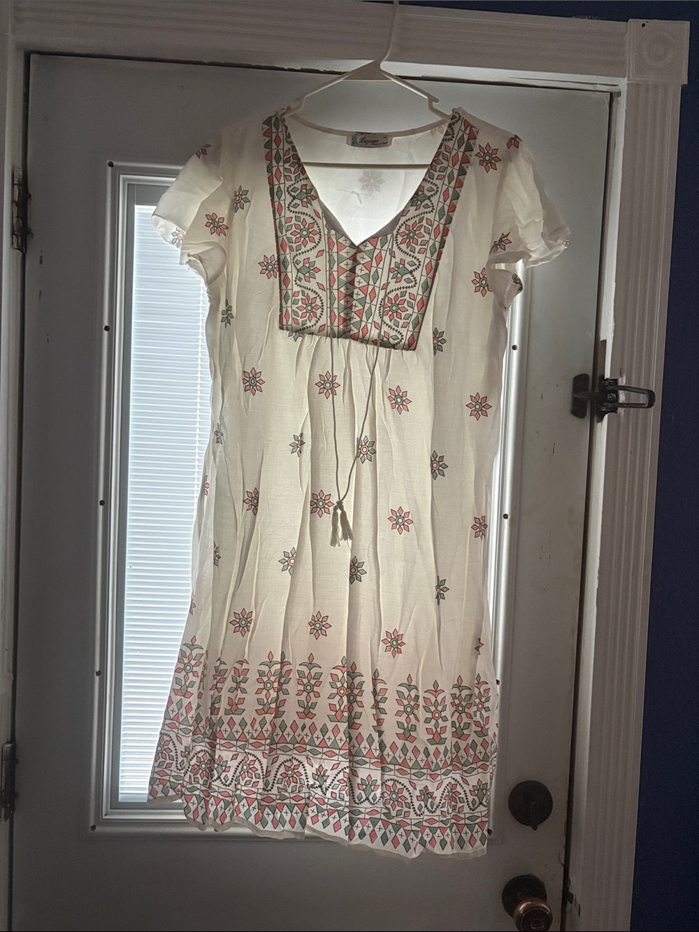 Ivory Embroidered Mini Dress with Pink & Green Accents